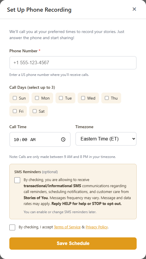 Set Up Phone Recording modal showing phone number input, optional SMS consent checkbox with Twilio-compliant transactional/informational language, separate Terms of Service and Privacy Policy checkbox, and Save Schedule button.
