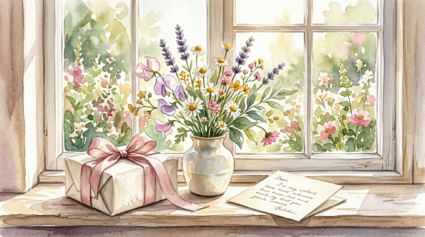 Watercolor painting of a wrapped gift and wildflowers on a sunny windowsill