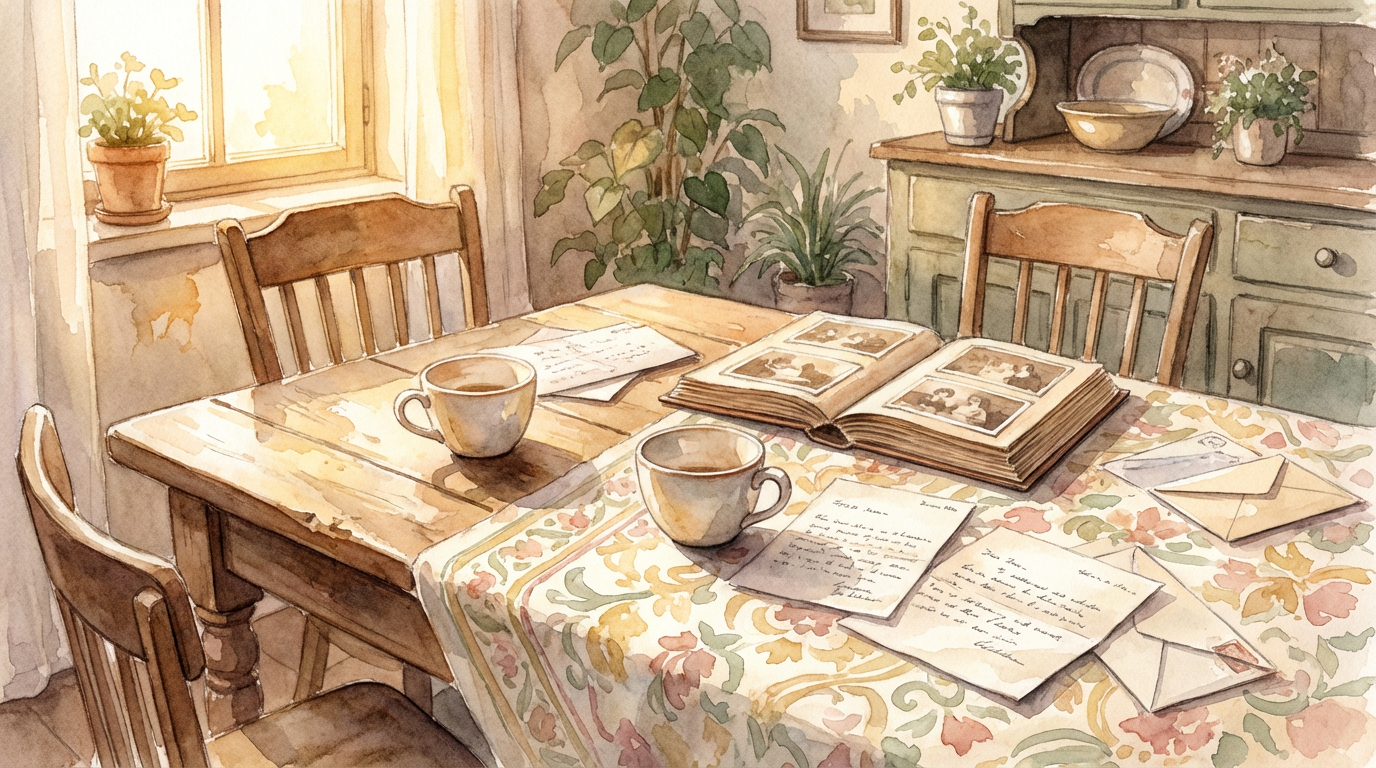 Watercolor painting of a kitchen table with coffee cups, a photo album, and handwritten letters