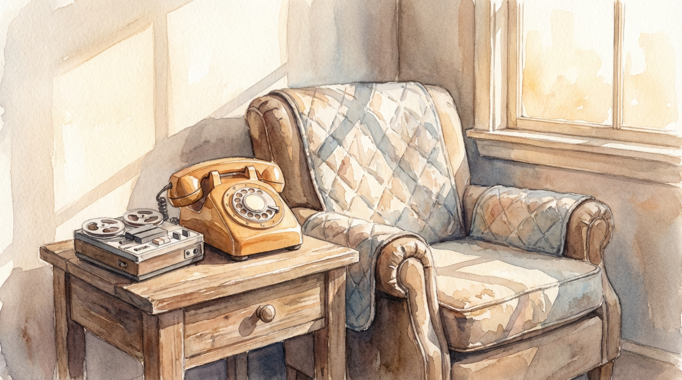 Watercolor painting of a vintage telephone and tape recorder beside a comfortable armchair