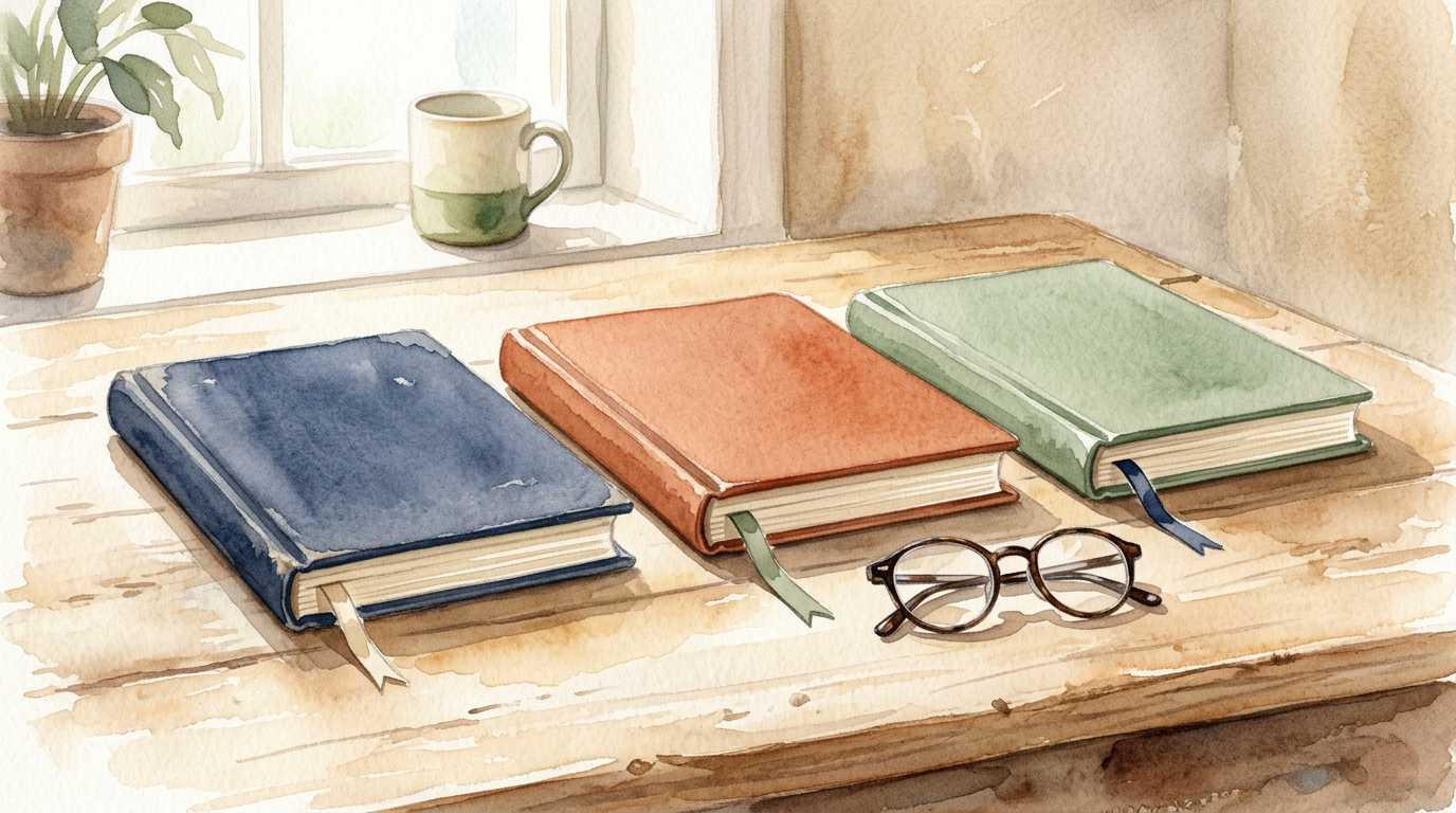 Watercolor painting of three journals in different colors with reading glasses on a wooden desk