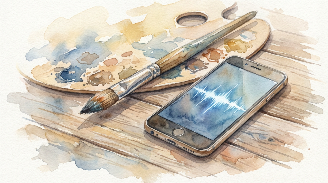Watercolor painting of a paintbrush on an artist palette next to a smartphone showing a sound waveform